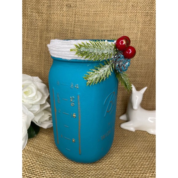 Christmas Glass Jar Ball  /  Turquoise Christmas Glass Jar with Wide Mouth Ball - Picture 4 of 11